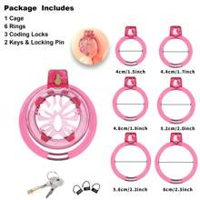 Haifan Soft Silicone Mini Chastity Devices Flat Cock Cage For Men With 6 Sizes Rings Penis Lock Bondage Sex Toys SM Products (Pink-Transparent)