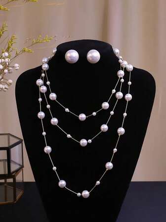 3pcs/Set Luxury Multilayer Starry Pearl Necklace And Earrings Set, Suitable For Women's Daily And Evening Wear, Ideal Gift For Girlfriend/Mother/Best Friend