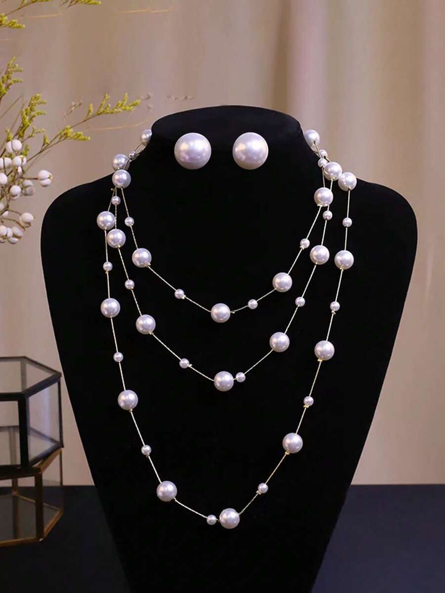 Bộ 3 chiếc/Bộ vòng cổ và hoa tai ngọc trai nhiều lớp sang trọng, phù hợp cho trang phục hàng ngày và buổi tối của phụ nữ, món quà lý tưởng cho bạn gái/mẹ/bạn thân - trắng - Xem 1