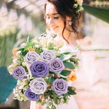 25pcs Purple Artificial Rose Flowers Set With 2pcs Leaves, Realistic Roses On Stems, For DIY Wedding Bouquet, Party, Home Decor