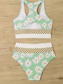2pcs Casual Sunflower & Daisy Floral Pattern Swimwear, Summer Beach Vacation