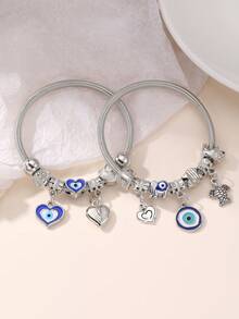 Set de 2 piezas de pulseras para niñas con cuentas con diseños de corazón, flor y ojo malvado - Multicolor - Ver 12