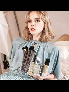 1 PIEZA Organizador de maquillaje elegante de acrílico transparente con diseño geométrico - Caja de almacenamiento de cosméticos de 3 compartimentos para brochas, lápices de cejas y artículos de belleza esenciales, sin plástico, brochas de maquillaje