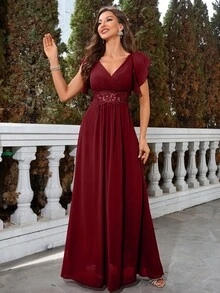 UNITHORSE 刺绣雪纺束腰礼服，优雅舞会晚会婚礼宾客礼服，适合毕业典礼、晚宴派对礼服、新娘礼服、生日女士服装 - 酒紅色 - 查看 5