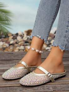 Women's Summer Fashion Rhinestone Decor Round Toe Slip-On Flat Sandals, Comfortable Non-Slip Soft Sole Backless Mule Casual Slippers, Versatile And Graceful - Gold - View 6