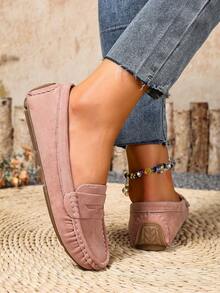 新款女士粉色绒面针织平底鞋，优雅仿绒面平底鞋，四季皆宜的舒适纯色套脚乐福鞋，圆头百搭休闲高端轻便户外/工作鞋，女士工作鞋，套脚鞋，正装鞋，商务休闲女鞋，女鞋 - 粉色 - 查看 4