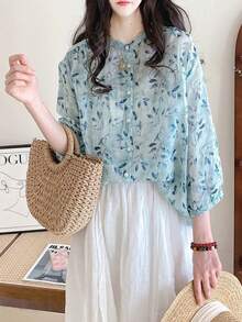 YUXIN Summer Loose Retro Ditsy Floral Stand Collar 3/4 Sleeve Blouse For Women