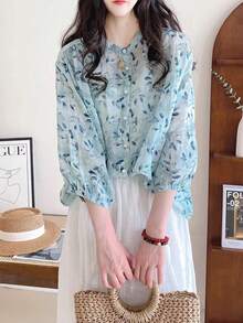 YUXIN Summer Loose Retro Ditsy Floral Stand Collar 3/4 Sleeve Blouse For Women