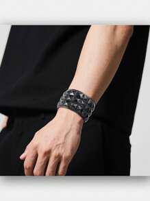 Yanxyad 1/2Pcs Studded Bracelet PU Leather Punk Bracelet For Men Women, 80s Wristband Goth Punk Rock Bracelet, Black/Silvery Punk Rock Style Three Rows Square Studs Faux Leather Bracelet Cuff Bangle Unisex Bracelets For Party Favors Bracelet & Gift