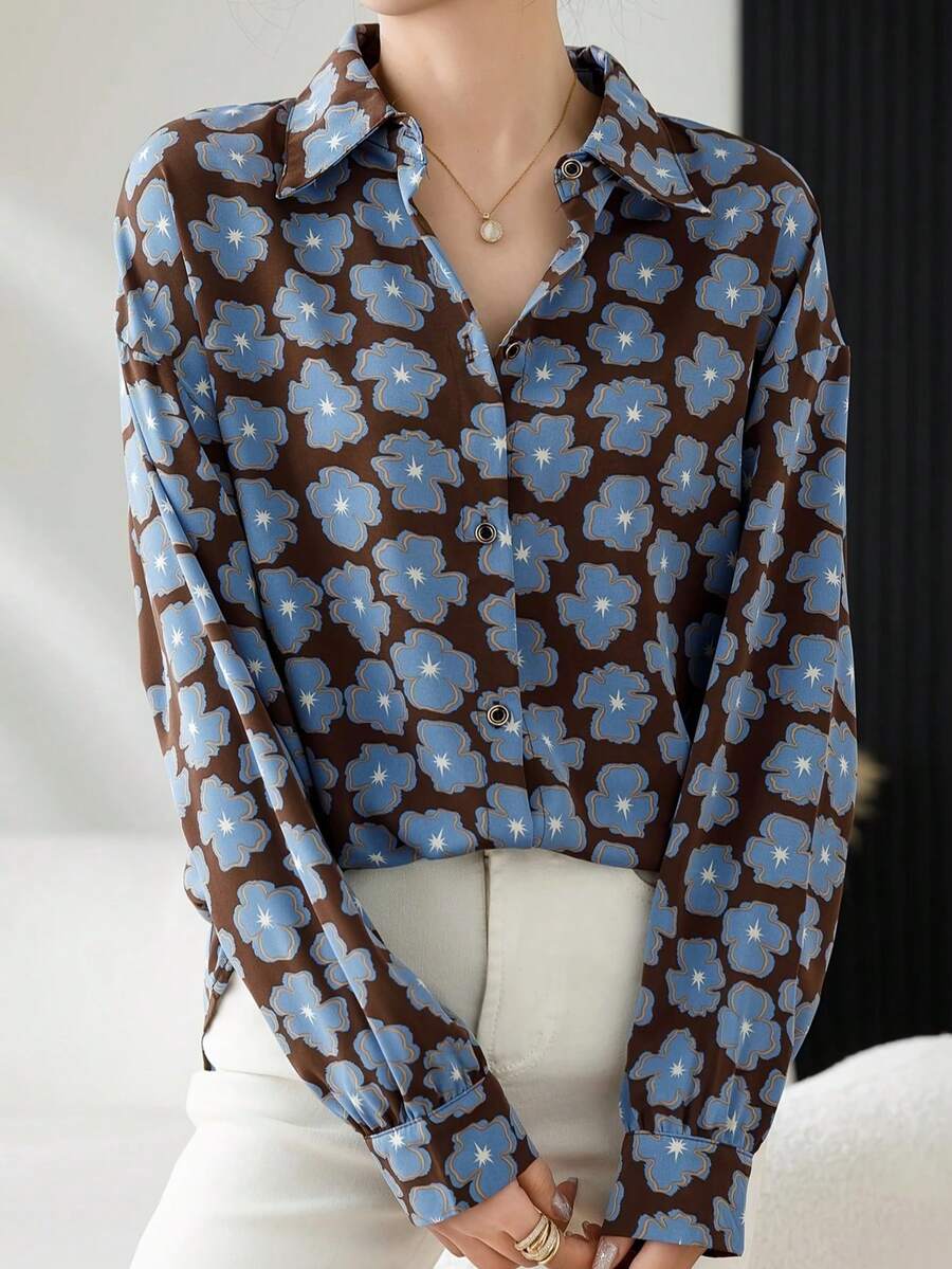 Casual Loose Retro Floral Pattern Design Long Sleeve Women Shirt - Brown - View 1