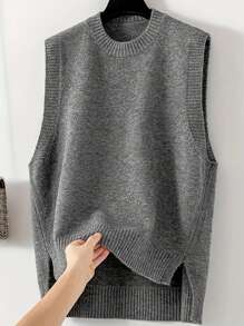 Casual Minimalist Versatile Commuter Pullover Sweater, Christmas Plus Size Women's Sleeveless Vest, Spring/Autumn/Winter, Fashionable Solid Color Round Neck Knit Cardigan With Slit Hem For Plus Size Women