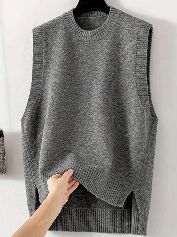Women Plus Size Casual Minimal Versatile Commuter Top, Fashion Solid Color Round Neck Sleeveless Knitted Vest Cardigan With Slit Hem