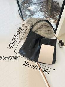 1pc Women's Fashion Versatile Shiny Black Soft Leather Large Capacity Commute Casual Tote Bag, Korean Style One Shoulder Crossbody Handbag