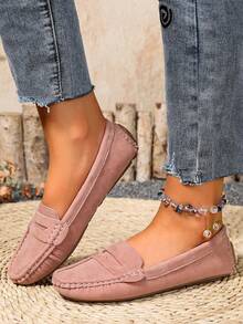 新款女士粉色绒面针织平底鞋，优雅仿绒面平底鞋，四季皆宜的舒适纯色套脚乐福鞋，圆头百搭休闲高端轻便户外/工作鞋，女士工作鞋，套脚鞋，正装鞋，商务休闲女鞋，女鞋 - 粉色 - 查看 5