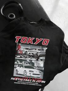 Men's Loose Racing Car Printed Round Neck Short Sleeve T-Shirt, Stylish Design, Summer Essential, Easy To Match, Loose Car Element Print All-Match Casual Streetwear, Boyfriend Gift - Black - View 3