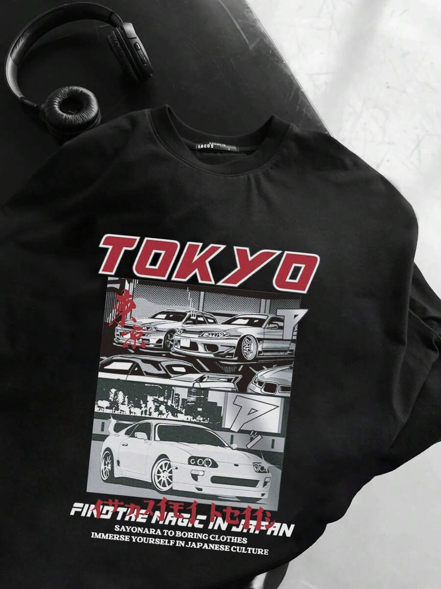 男士宽松赛车印花圆领短袖T恤，时尚设计，夏季必备，易于搭配，宽松的汽车元素印花，百搭休闲街头风，男友礼物 - 黑色 - 查看 1