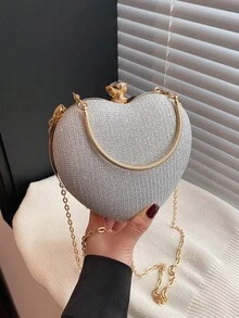 1件全新独特设计闪亮心形戒指手提包，带链条，时尚单肩/斜挎包，适合约会、休闲外出、情人节，个性化奢华晚宴手拿包 - 銀色 - 查看 7