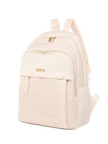 LECEY 1 件纯色简约大容量尼龙拉链背包，学生包，旅行包，双肩/手提，学校背包 - 白色 - 查看 2