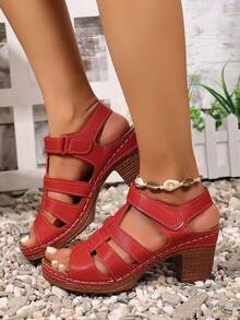 IH2 Sandalias de tacón grueso con cierre de gancho y bucle de unicolor para mujer, sandalias de tacón alto versátiles de moda casual - Rojo - Ver 4