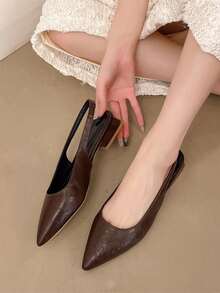 Women Flat Pointed Toe Slingback Brown Mules, Solid Color Fashion Versatile Low Heel Backless Slippers - Brown - View 4