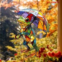 Whimsical Frog & Colorful Umbrella Sun Catcher - Stained Glass Window Hanging Decor | Vibrant Garden & Home Ornament For Indoor/Outdoor | Unique Unisex Gift For Birthday, Housewarming, Holidays (Frog Garden Art)