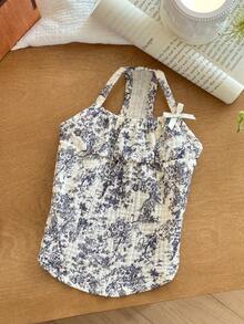 带蝴蝶结和蓝色花朵的纱布透气吊带睡衣，适合小型犬和猫的宠物衣服，春夏家居服 - 黑色 - 查看 1