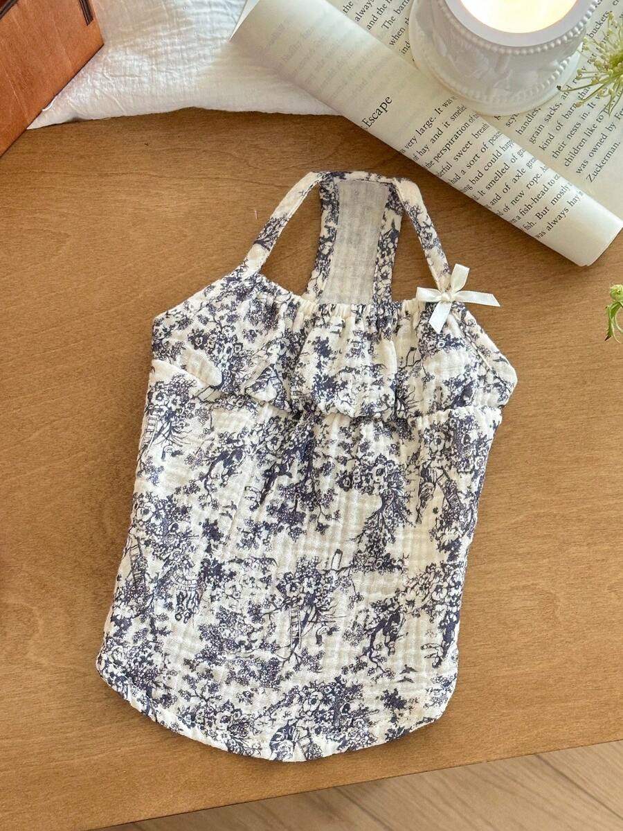 带蝴蝶结和蓝色花朵的纱布透气吊带睡衣，适合小型犬和猫的宠物衣服，春夏家居服 - 黑色 - 查看 1