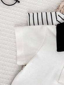 2pcs Baby Boy Clothes Set: White & Striped Polo Collar Teddy Bear Short Sleeve Loose Design Romper