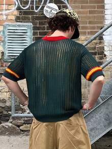 ANDREILEE Men's Street Style Casual Loose Fit Five-Pointed Star Pattern Dropped Shoulder Crew Neck Short Sleeve Hollow Semi-Sheer Pullover Top, Spring/Summer - Green - View 4