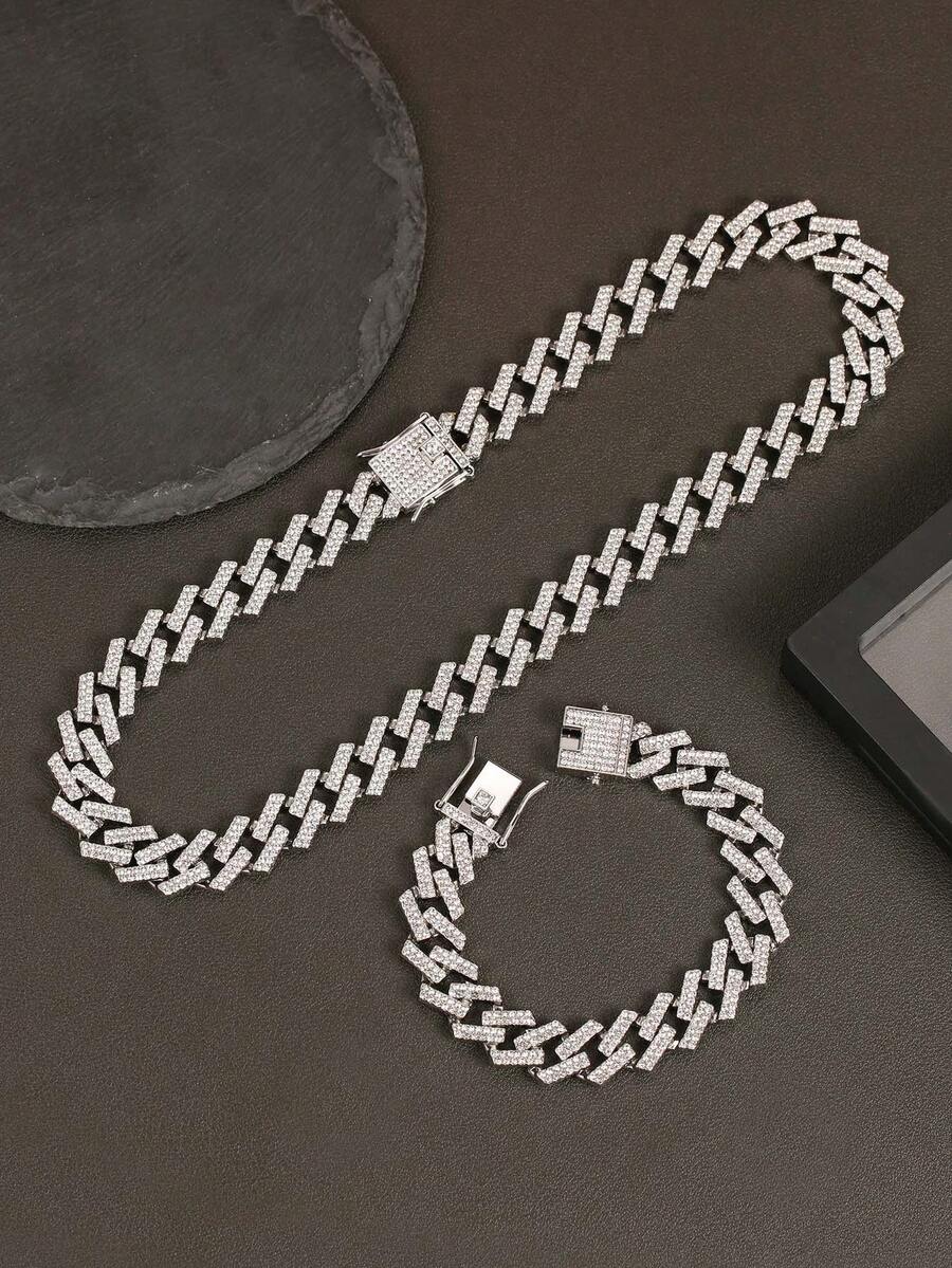 奢华闪亮钻石 - 镶嵌链条项链和手链 - 嘻哈风格男士珠宝