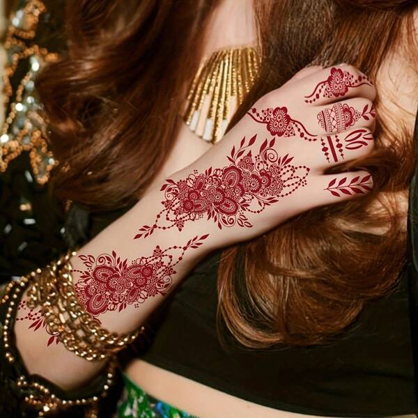 2 Sheets, Hand Back Arm Body Art Temporary Tattoo Stickers, Brown Lace Fashion Mandala Men And Women Floral Design Tattoo Stickers
