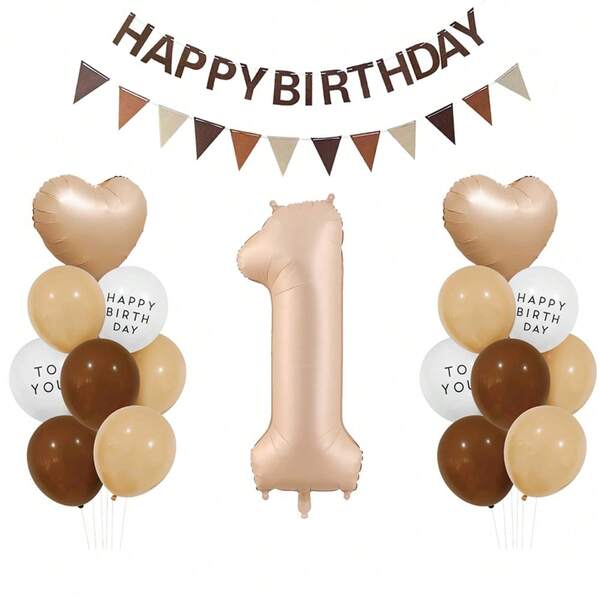 1 Set Caramel Latex Aluminum Foil Balloon Combo, 1-9 Years Old, With "Happy Birthday To You" Latex Balloon And Pennant, Suitable For Birthday Party Decoration