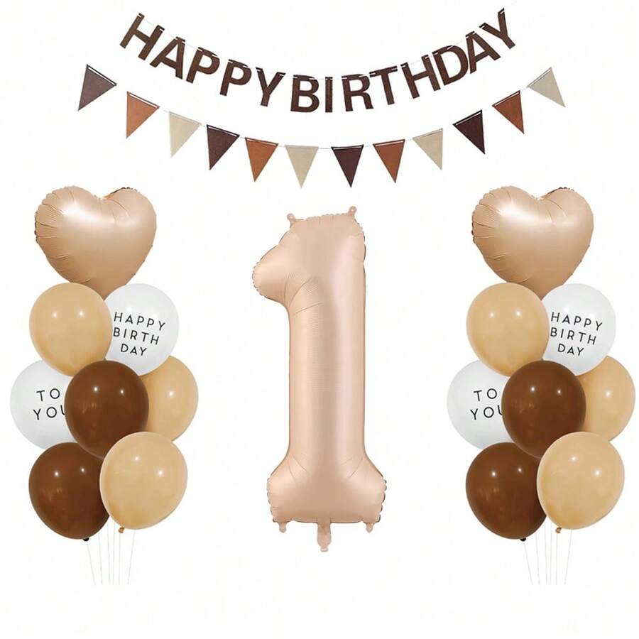1 Set Caramel Latex Aluminum Foil Balloon Combo, 1-9 Years Old, With "Happy Birthday To You" Latex Balloon And Pennant, Suitable For Birthday Party Decoration