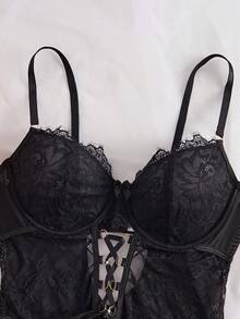 Solid Color Lace Patchwork Sleeveless Bodysuit, Summer For Going Out, Baddie Look