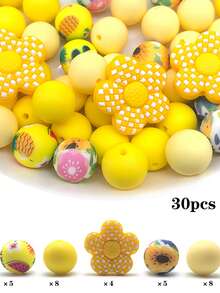 30 Silicone Beads, 15mm Printed Round Beads Paired With Loose Checkered Flower Spacer Beads, Suitable For Handmade DIY Jewelry Making, Bracelets, Necklaces, Keychains/Pen Beads, Mobile Phone Pendants, Bag Accessories, Birthday Gifts, And Gifts For Women.