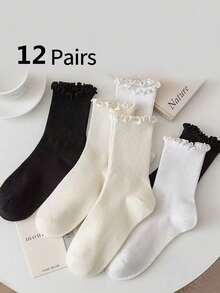 5/6/12 Pairs Girls/Kids/Teens Plain Frill Trim Socks - Multicolor - View 14