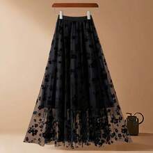 Long Embroidered Tulle Skirt - Light And Romantic, 100% Polyester - Black - View 1