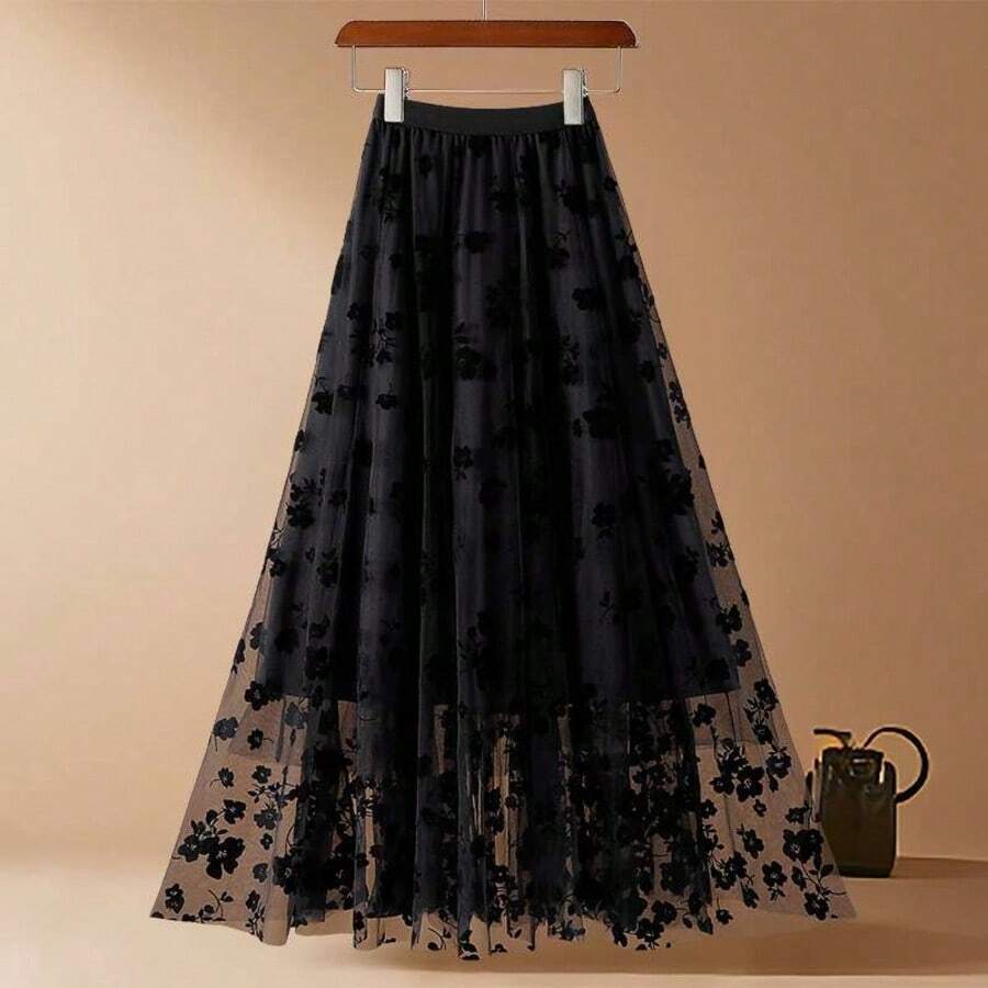 Long Embroidered Tulle Skirt - Light And Romantic, 100% Polyester - Black - View 1