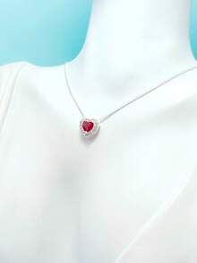 Luxury Necklace For Women, Semi-Jewelry, Heart-Shaped Zirconia Pendant With Rhinestones, 925 Silver Plated. - Red - View 2