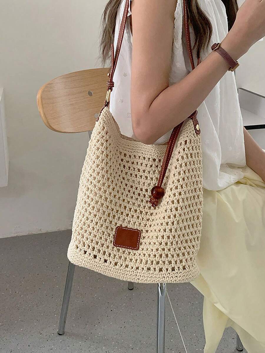 Beach Vacation Woven Tote Bag, 2025 New Hollow Out Shoulder Bag, Large Capacity Commuter Shopper Handbag