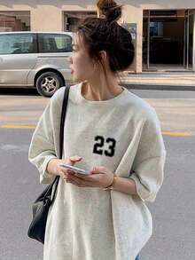 日系纯棉宽松休闲圆领卡通英文字母印花短袖T恤春夏 - 淺灰色 - 查看 4