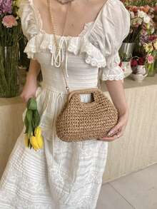 Fashionable Woven Handbag,Minimalist Design, Suitable For Spring/Summer Vacation, Beach, Stylish Shoulder Bag - Khaki - View 2