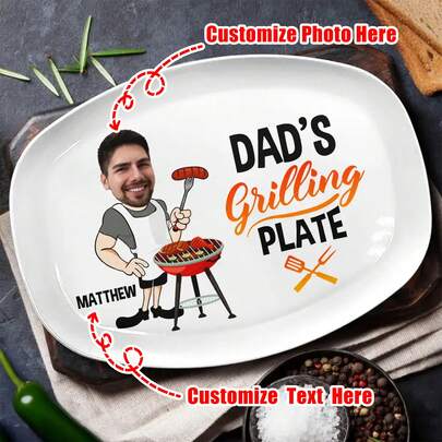 Personalized Daddy's Grilling Photo Plate - Custom BBQ Memorial Gift For Father's Day/Birthday - Heartwarming Keepsake, Multi-Functional, Ornamental, Reusable, Exquisite, High-Quality, Colorful, Modern, Custom, Personalized, Unique, Ideal Gifts For Her, Boyfriend, Dad, Mom, Family, Friends, Tea Room, Home, Garden, Office, For Anniversaries, For Valentine's Day, For Mother's Day, For Father's Day, For Graduation, For Housewarming, Home Refresh, Customized Festival Party Supplies, Home Refresh,Home & Living,Haunt Your Home,Souvenirs ,Travel Organizer
