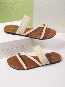 Sandalias planas con tira entre los dedos para mujeres, estilo juvenil europeo y americano, unicolor, diseño sencillo de trenzado, moda versátil, ligeras, chanclas de playa para vacaciones