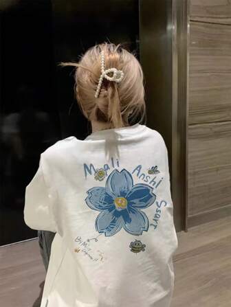 日系女式宽松圆领休闲印花短袖T恤，适合春夏季