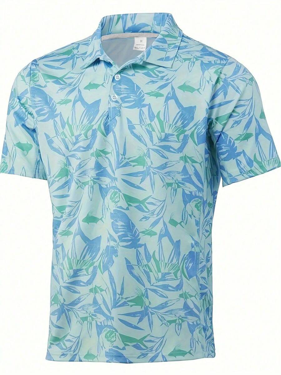 Camisa de manga corta con botones y cuello vuelto con estampado de peces para hombre para uso diario en verano, diseño de cuello con cremallera estiloso - Multicolor - Ver 1
