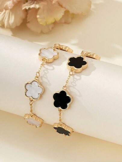 2pcs/Set Fashionable & Elegant Dual-Tone Clover Decor Girls Bracelets, Suitable For Summer Vacation, Everyday Match, Gift For Friend