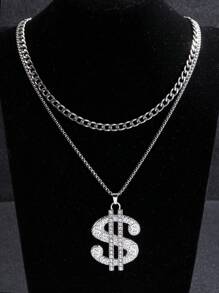 1pc Fashion Hip-Hop Style Stainless Steel Long Necklace With Pendant Charms, Including Poker, Dollar, Gun Pendant, Suitable For Gift, Valentine's Day, Graduation, Father's Day, Men's Jewelry, Chain Necklace