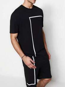 2 Pieces Men's Summer Black Crew Neck White Stripe Print Short Sleeve T-Shirt & Shorts Pajamas Set