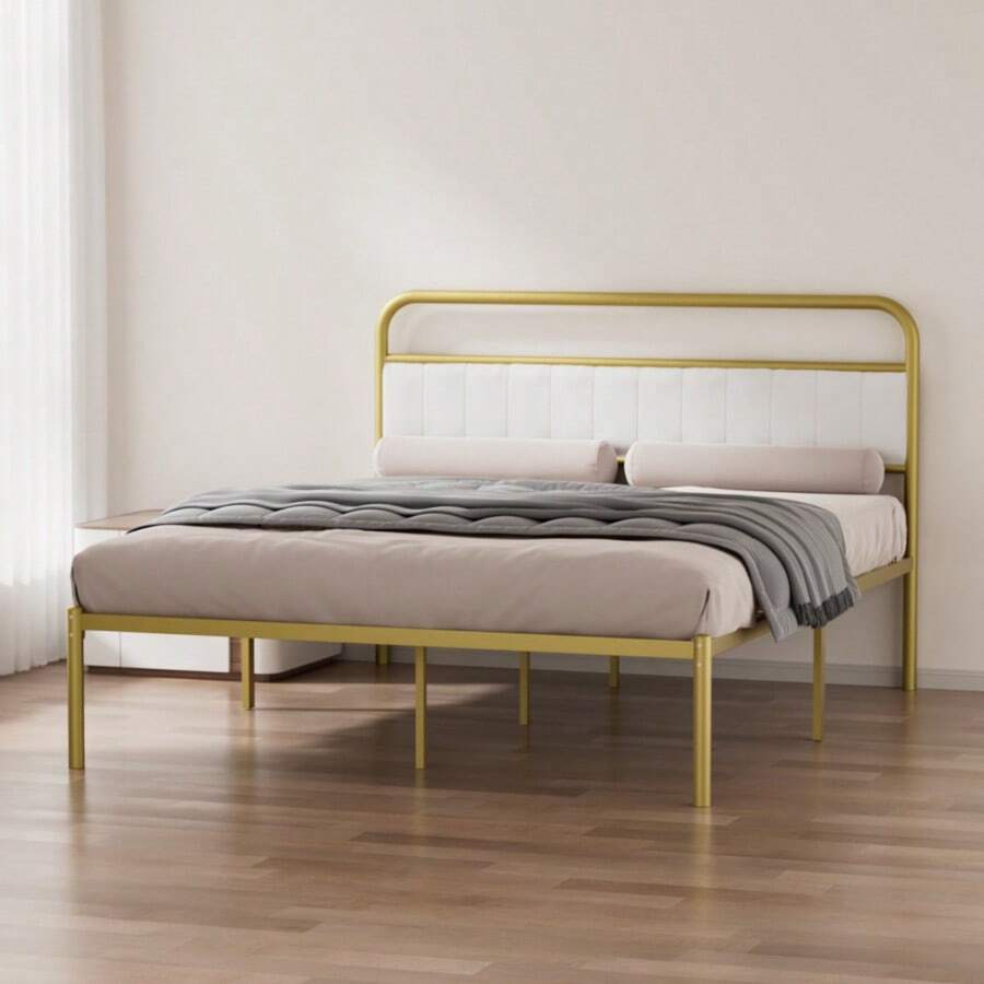 Metal Steel Platform Bed Frame With Upholstered Headboard Cushion (Queen Size) - Gold-974 - Multicolor - View 1